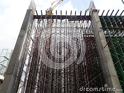 Falsework work at the construction site. It consists of temporary structures used in construction to support a permanent structure Stock Photo