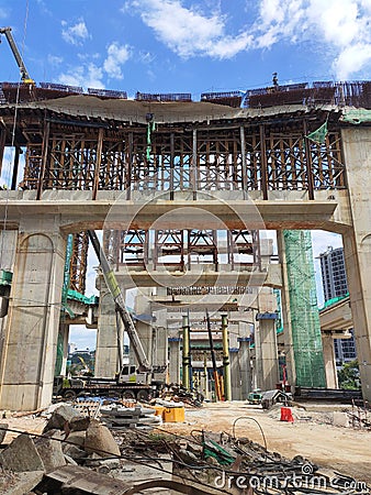 Falsework work at the construction site. It consists of temporary structures used in construction to support a permanent structure Stock Photo