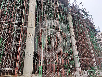 Falsework work at the construction site. It consists of temporary structures used in construction to support a permanent structure Stock Photo