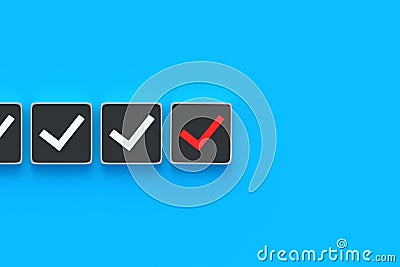 Falsification of results. Red check mark on button. Incorrect choice concept Stock Photo