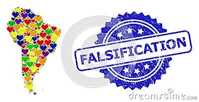 Falsification Rubber Seal and Vibrant Lovely Mosaic Map of South America for LGBT Vector Illustration