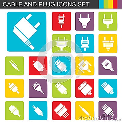 Falt design cable and plug icons set Vector Illustration