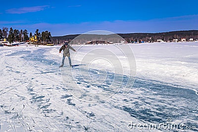 Falun - March 30, 2018: A newbie ice skater at the resort of Framby Udde near the town of Falun in Dalarna, Sweden Editorial Stock Photo