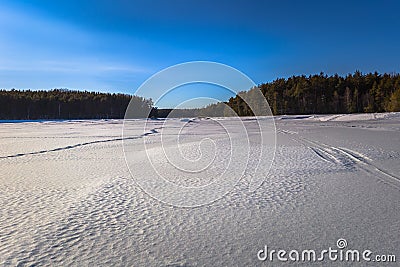 Falun - March 31, 2018: Panorama of the frozen lake of Framby Udde near the town of Falun in Dalarna, Sweden Stock Photo