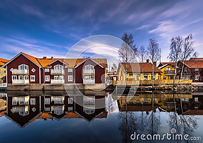 Falun - March 30, 2018: The picturesque wooden houses in the center of the town of Falun in Dalarna, Sweden Stock Photo