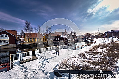 Falun - March 30, 2018: The picturesque wooden houses in the center of the town of Falun in Dalarna, Sweden Editorial Stock Photo