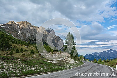 Falzarego Pass, Dolomites, Italy. Road to Cortina dâ€™Ampezzo Stock Photo