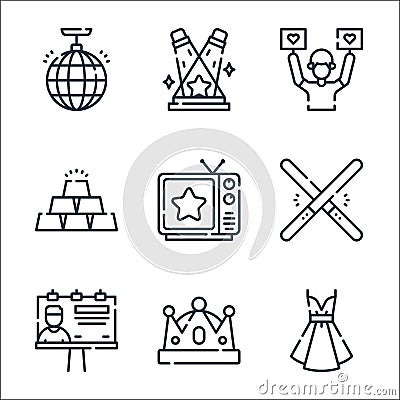 fame line icons. linear set. quality vector line set such as dress, crown, billboard, light stick, quiz, gold ingots, fans, Vector Illustration