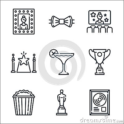 Fame line icons. linear set. quality vector line set such as gold, popcorn, trophy, cocktail, carpet, movie, bow tie Vector Illustration