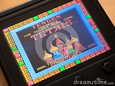 Famicom Tengen Tetris 1988 original classic old retro vintage video game, handheld emulator console screen display macro, closeup Editorial Stock Photo