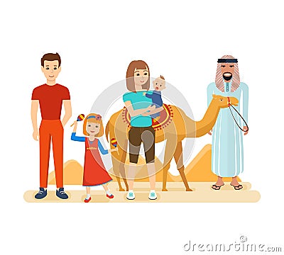 Familiarity with the traditions, culture, sights, joint vacation. Vector Illustration