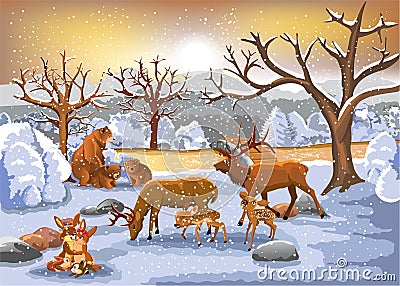 Families of animals enjoying winter time Vector Illustration