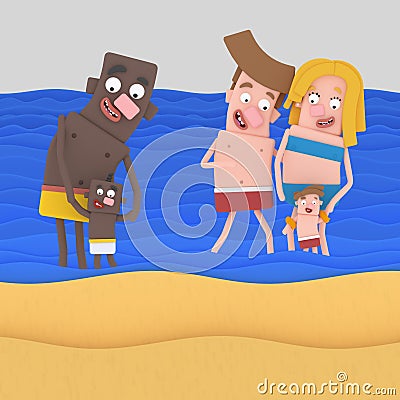 Families at beach Cartoon Illustration