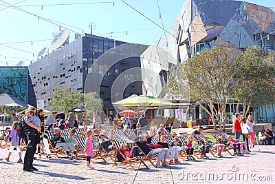 Families beach chairs, Federation Square, Melbourne Editorial Stock Photo