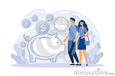 Families with children save money. Piggy bank with family money making concept Vector Illustration