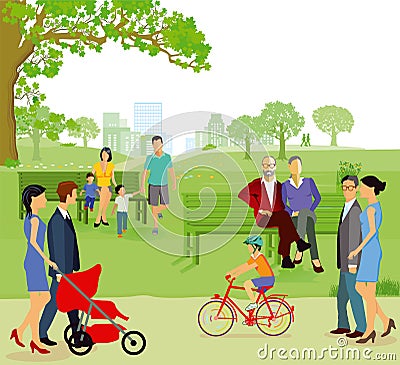 Families in city park Vector Illustration