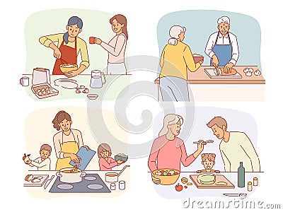 Families and couples cooking food together. Happy smiling people preparing tasty homemade meals in kitchen, children and Vector Illustration