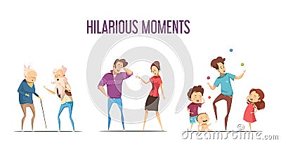 Families Couples Hilarious Moments Cartoon Set Vector Illustration