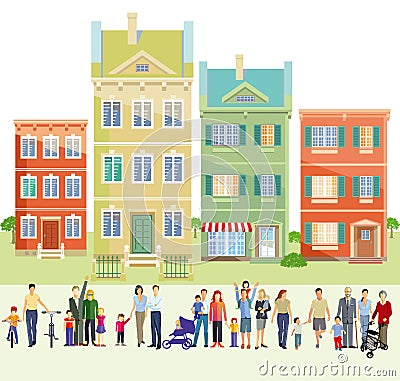 Families in front of houses Vector Illustration