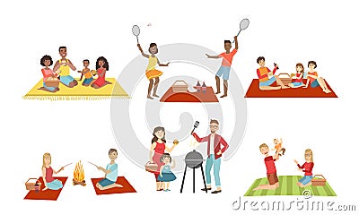 Families Having Picnic In Park Set, People Eating and Relaxing, Cheerful Family Couples and Kids Spending Time Together Vector Illustration