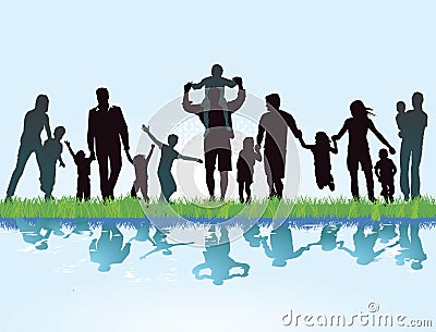 Families on lake shore Vector Illustration