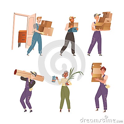Families moving to new house. People and movers carrying cardboard boxes with household stuff vector illustration Vector Illustration