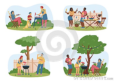 Families and neighbors have barbecue garden party at the backyard. Picnic at the park, flat vector illustration. Vector Illustration