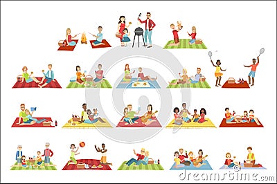 Families On Picnic Outdoors Vector Illustration