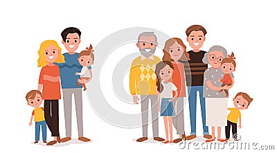 Families portraits set. Big happy multi-generational family siblings relatives portrait. Vector Illustration