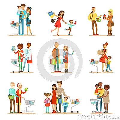 Families Shopping In Department Store And Shopping Mall Set Vector Illustration