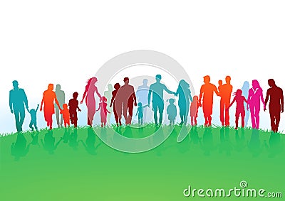 Families walking in green field Vector Illustration