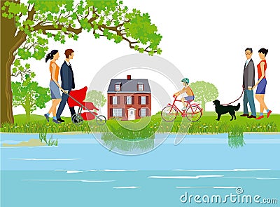 Families walking by lake Vector Illustration