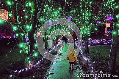 Families walking in a park on a rainy christmas night surrounded by beautiful colourful christmas lights, in Vancouver, Canada. Editorial Stock Photo