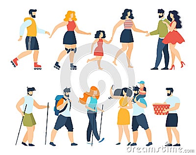 Family Active with Children Recreation Flat Set Vector Illustration