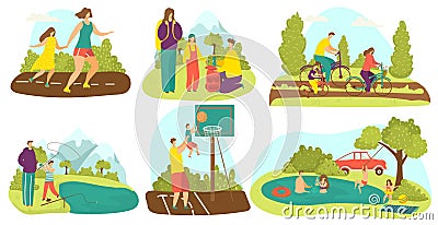 Family active lifestyle with kids together set of cycling, roller skating, playing and swimmimng with children and Vector Illustration