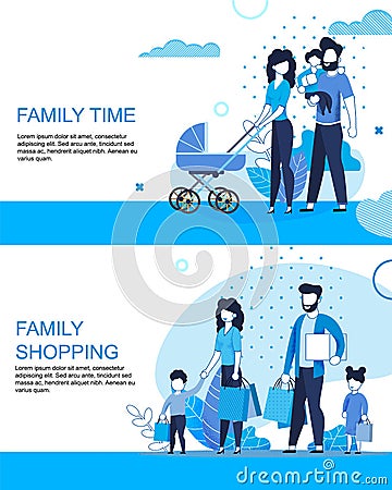 Family Active Time and Shopping Flat Banner Set Vector Illustration