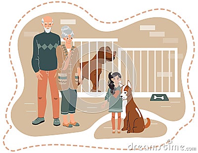 Family adopting dog from animal shelter, girl with grandparents vector illustration Vector Illustration