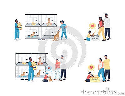 Family adopting pet from shelter flat color vector detailed character set Vector Illustration