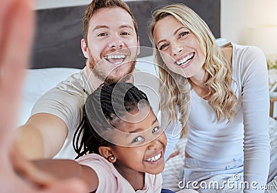 Family, adoption and selfie portrait, love and smile together on bed in the morning, support and happy in home. Black Stock Photo