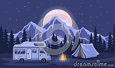 Family Adventure Camping Night Evening Scene. Vector Illustration
