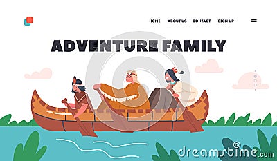 Family Adventure Landing Page Template. Native Indian American Kids Canoeing, Children Rowing in Wooden Canoe Boat Vector Illustration