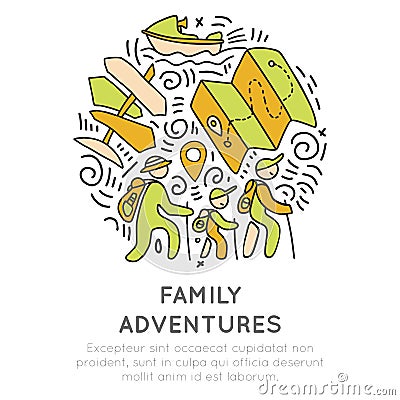 Family adventure and outdoor activities hand draw icon concept. Family travel icons in one round form with decorative Vector Illustration