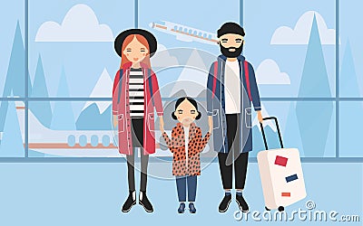 Family at airport. Trendy young couple with baby and luggage. Horizontal banner with mountains and airplane on Vector Illustration