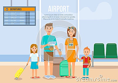 Family in Airport Waiting to Boarding on Airplane. Vector Illustration