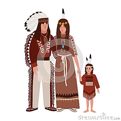 Family of American Indians. Mother, father and daughter dressed in ethnic tribal clothes standing together. Indigenous Vector Illustration