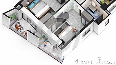 Family apartment bedrooms with terrace isometric 3d model Stock Photo