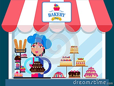 Family bakery shop vector illustration. Confectioner girl woman holding delicious chocolate cake. Bakery sign board Vector Illustration