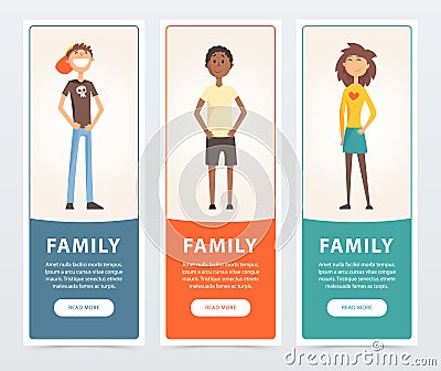 Family banners set, happy children teens flat vector element for website or mobile app Vector Illustration