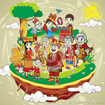 Family in Batak culture, Sumatera, Indonesia Vector Illustration