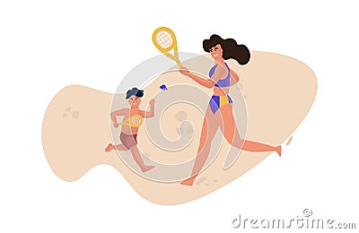 Family beach activity. People in swimsuits playing tennis. Mother and son playing on send, woman and child resting at Vector Illustration